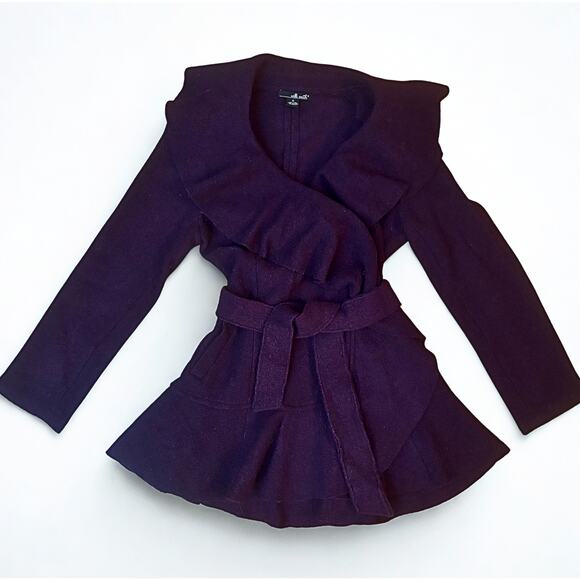 Willi Smith 100% Wool Ruffle Collar Belted Coat, Purple, Size Small - Picture 1 of 5